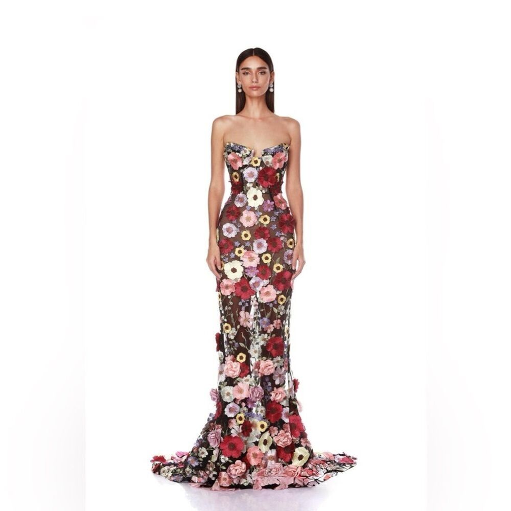 NWOT BRONX AND BANCO Jasmine Multi Floral Strapless Gown, size XS